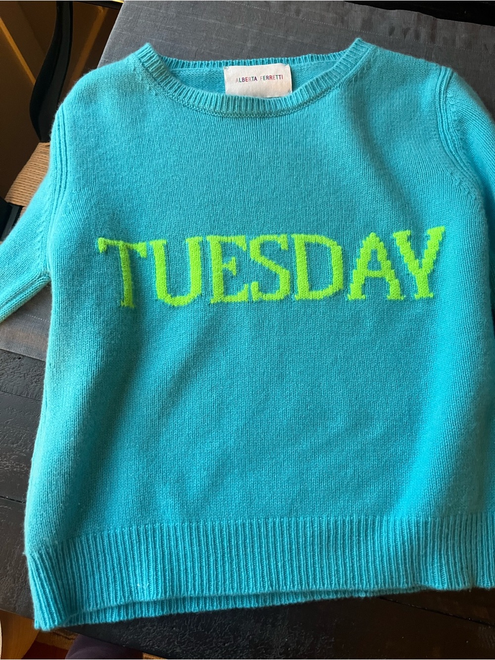 Alberta Ferretti Turquoise Crewneck Sweater with Neon Yellow 'TUESDAY'